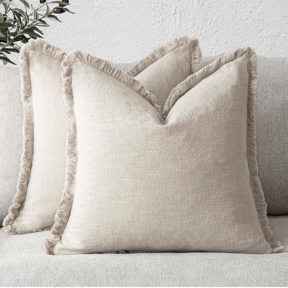 Fringed Linen-Texture Accent Pillow in Cream